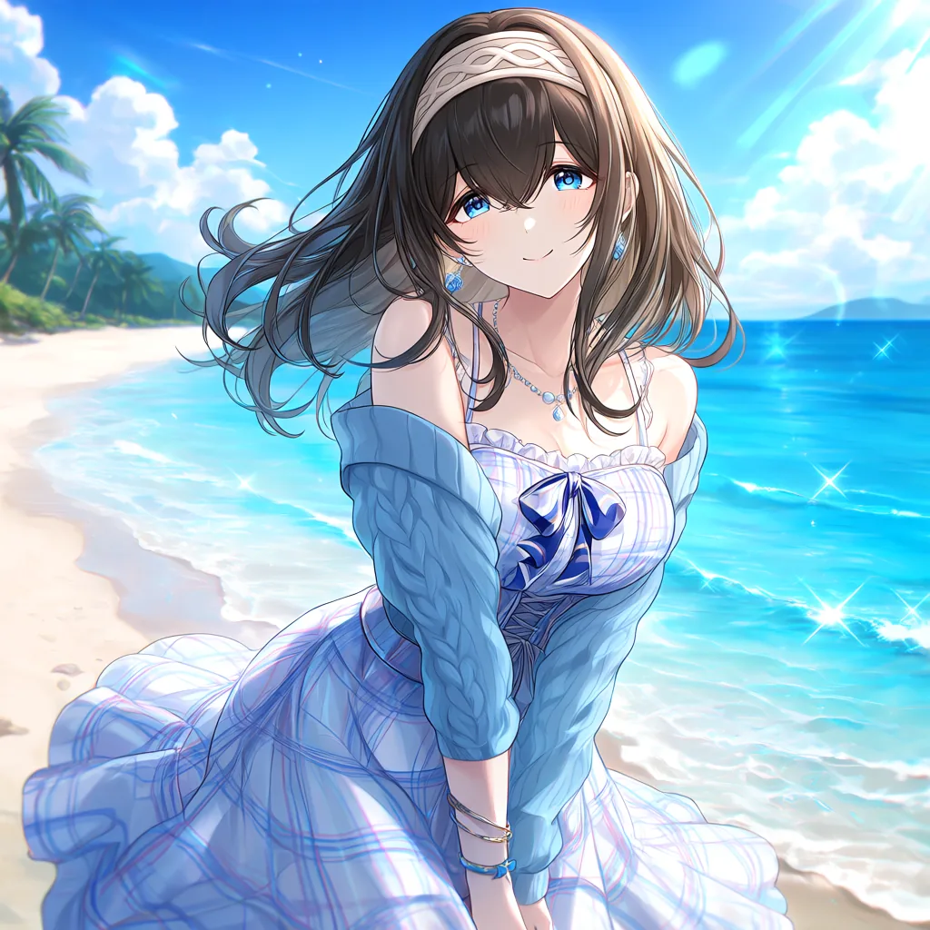 Anime-style character on a bright beach, generated with a custom LoRA