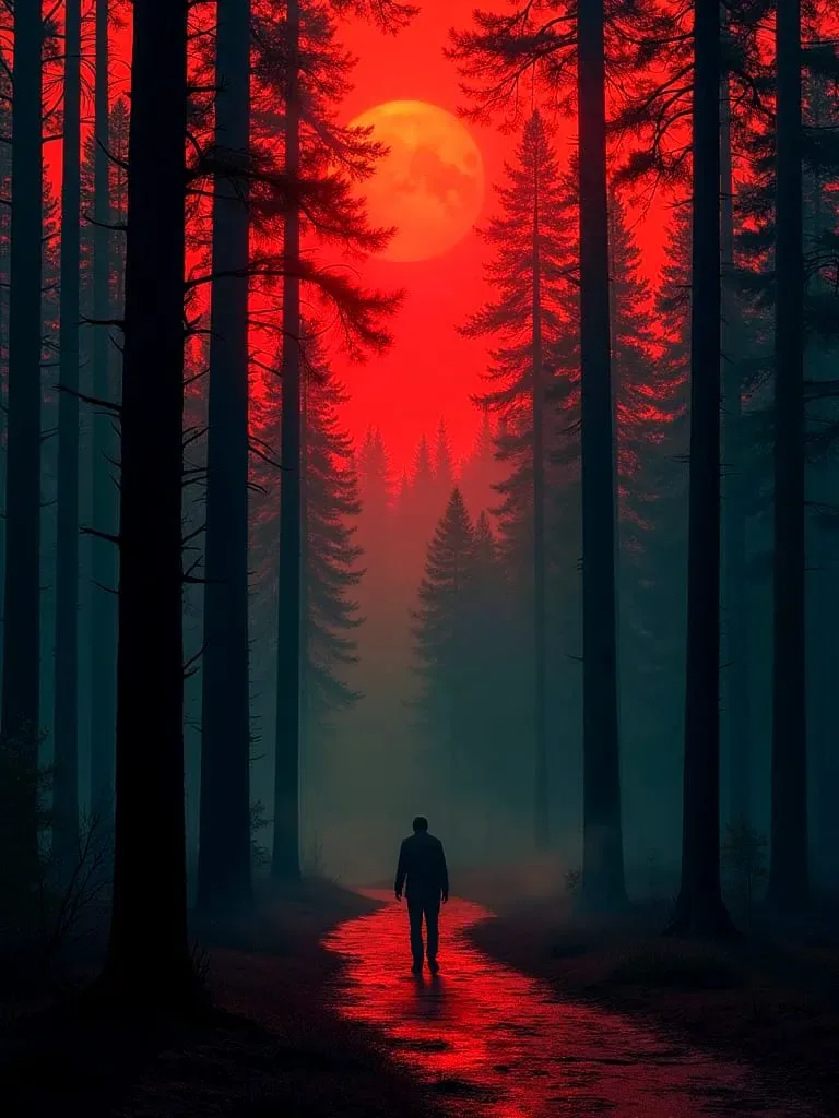 Cinematic red-lit forest with a blood moon, generated with Sora 2